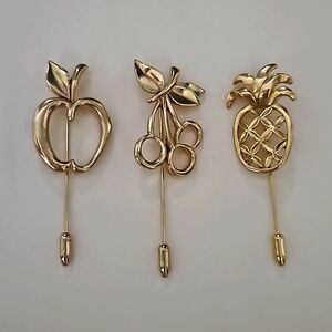 Set of 3 vintage gold-tone fruit stick pins (apple, cherry and pineapple)